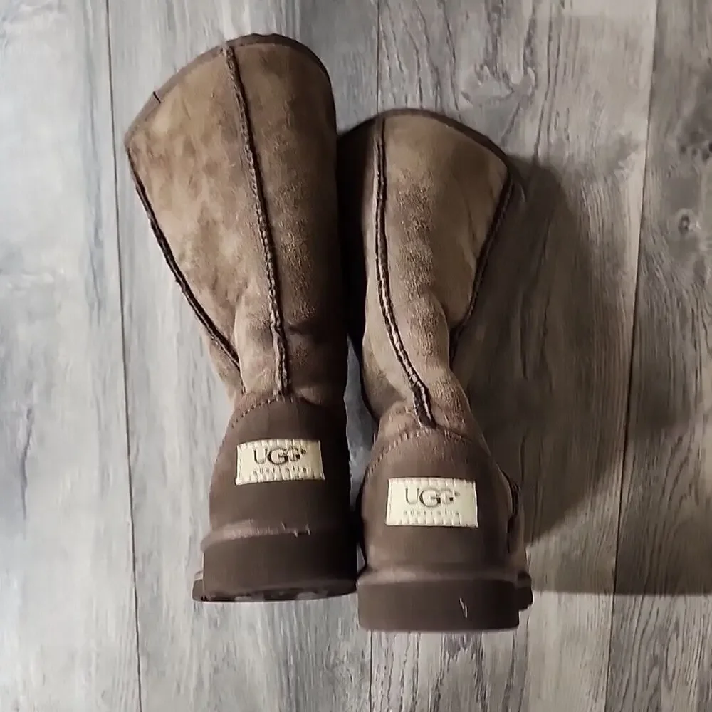 UGG Classic Tall Boots Brown Leather Outer Sheepskin Lining Australia Size 4